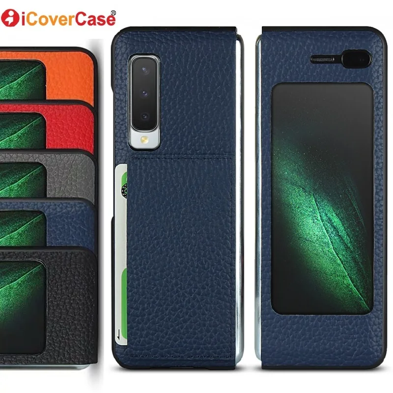 

iCoverCase Fold Case Genuine Leather Flip Cover Case for Samsung Galaxy Fold 5G Case with Card Slot, Black, navy blue, gray, orange, red