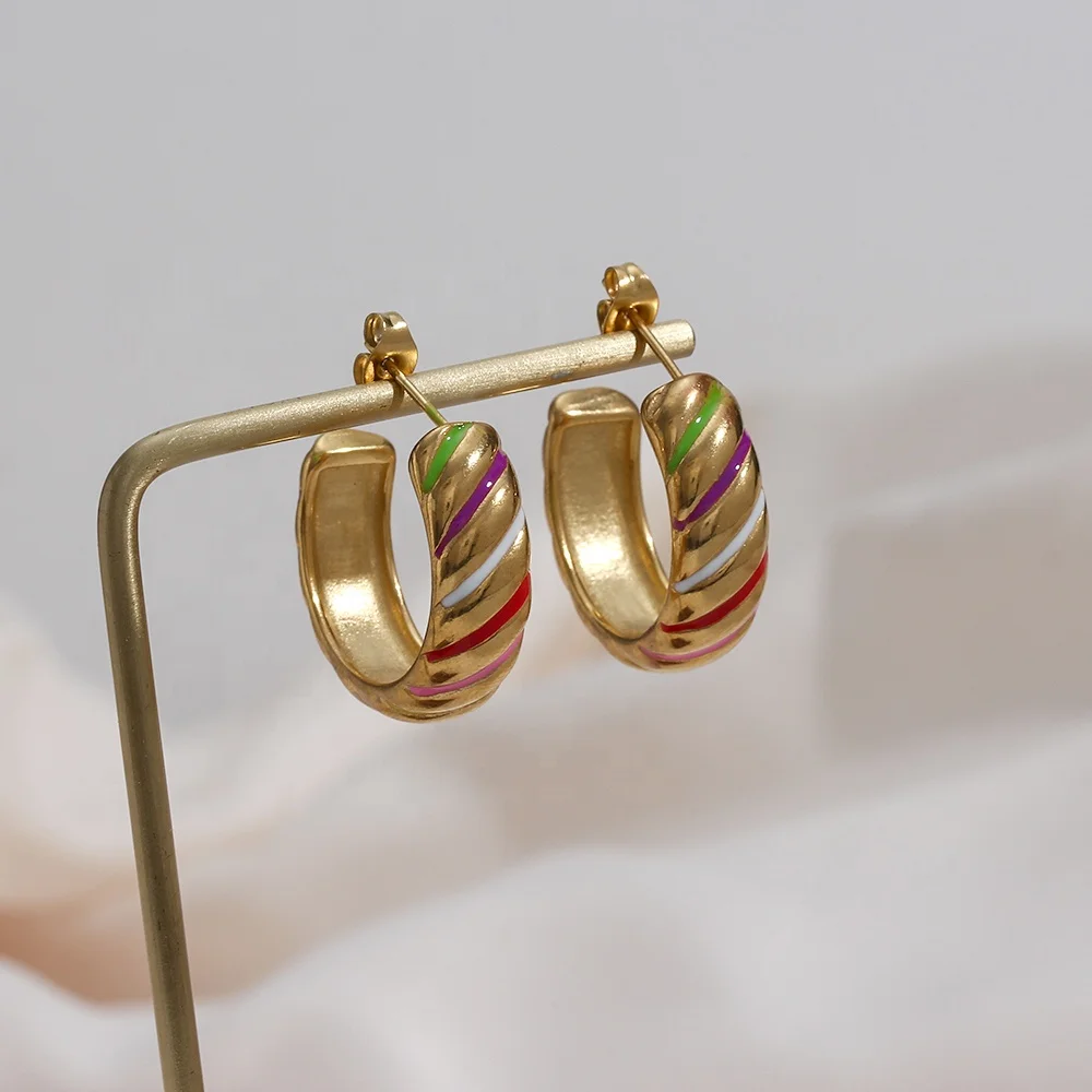 

Minimalist Daily Jewelry Stainless Steel 18K Gold Wide Colorful Strips Hoop Earrings