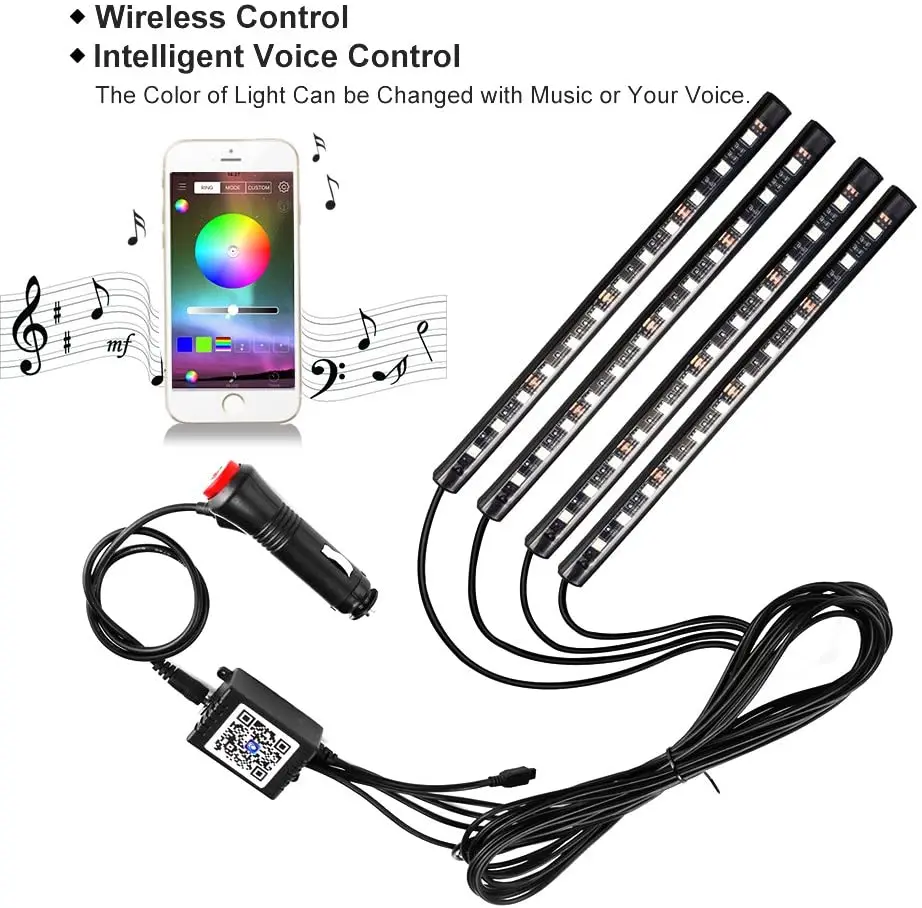4pcs 48 LED Music Bluetooth App Controller Interior Atmosphere Car Strip Lights 