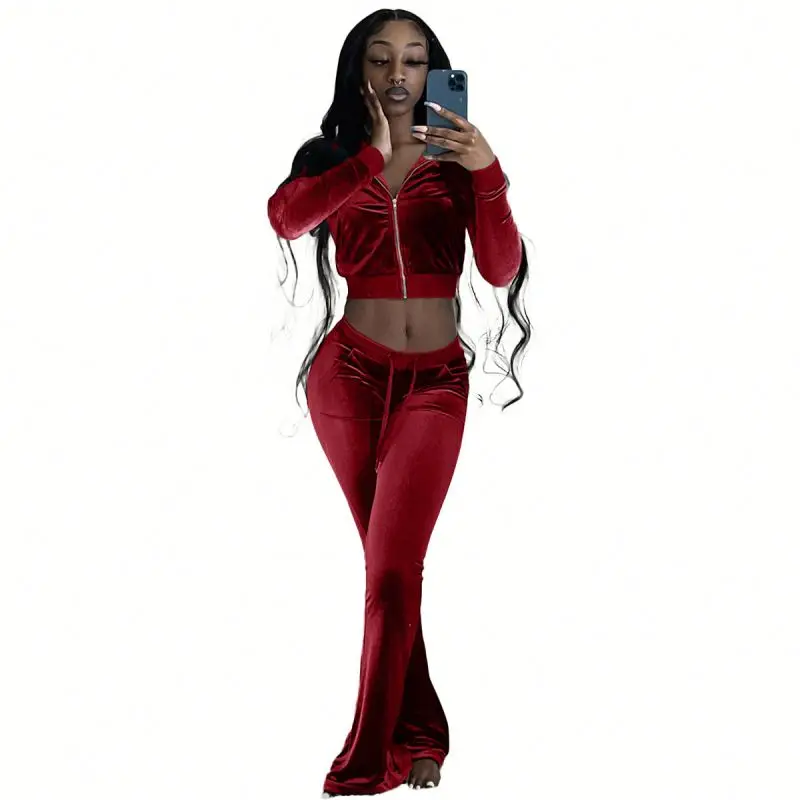 

Fashion Cropped Jacket 2021 Women Suit Two Piece Velvet set Women Custom Velour Tracksuit Women