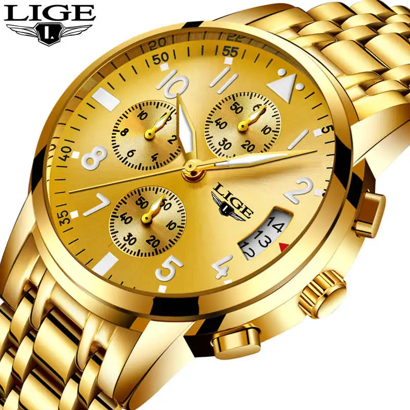 

LIGE Men's Gender Quartz Top Brand Men's Luxury Chronograph Waterproof Quartz Watch Full Steel Gold Watches For men