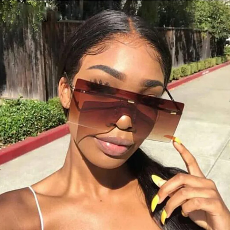 

2021 Vintage Big Frame One Piece Lens Sun glasses Oversized Rimless Square Shades Designer Famous Brands Luxury Sunglasses Women, Picture shows