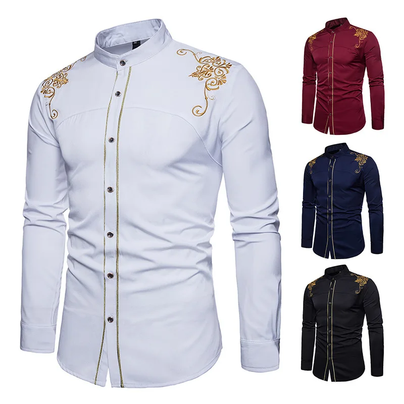 

Gold Flower Embroidery Shirt Men Brand New Long Sleeve Mens Dress Shirts Casual Slim Fit Button Down Chemise Homme
