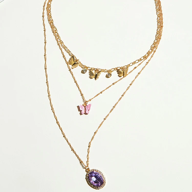 

European and American Accessories Fashion Multilayer Butterfly Necklace Retro Zircon Crystal Pendant Set of 3, Picture shows