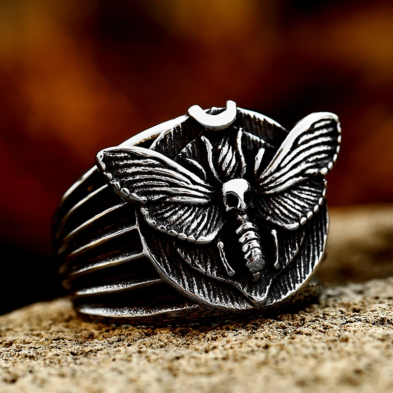 

SS8-837R Steel Soldier 2022 Trendy Gothic Style Design Vintage Stainless Steel Moth Antique Butterfly Ring For Men Women