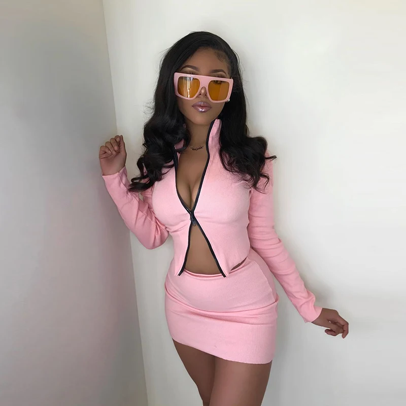 

2021 Casual Zipper Long Sleeve Pink Tops and Slim Skirts 2 Piece Sets for Women 2021 New Arrivals Spring Summer Clothes, 4 colors