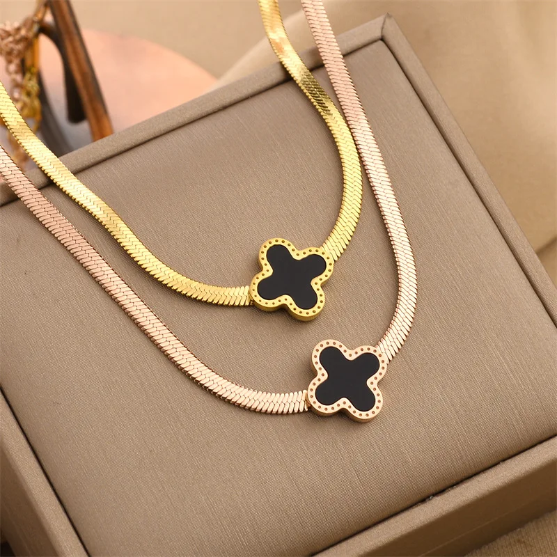 

Sailing Jewelry Newest Four Leaf Clover Herringbone Chain Necklace Trendy Titanium Steel Four Leaf Clover Pendant Necklace