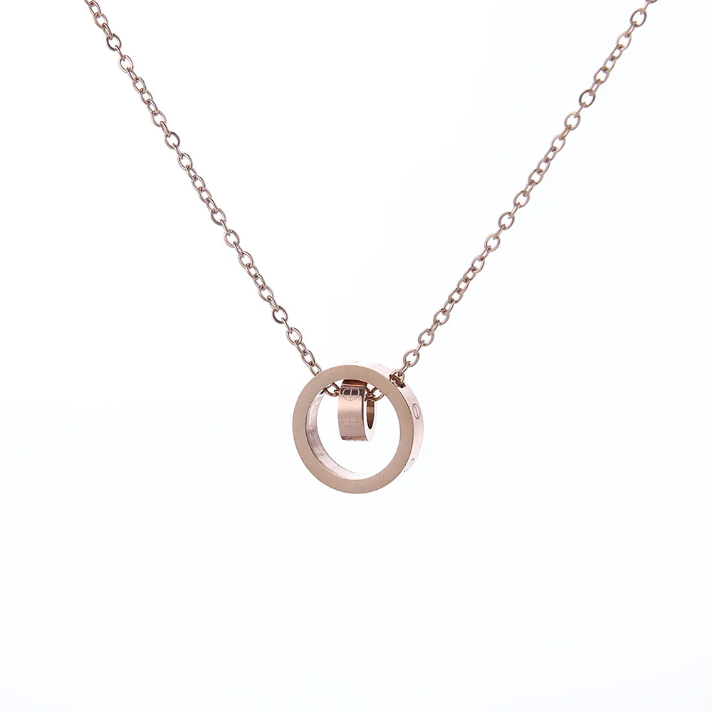 

2021 new style temperament double ring pendant stainless steel charm clavicle chain necklace, Rose gold,silver