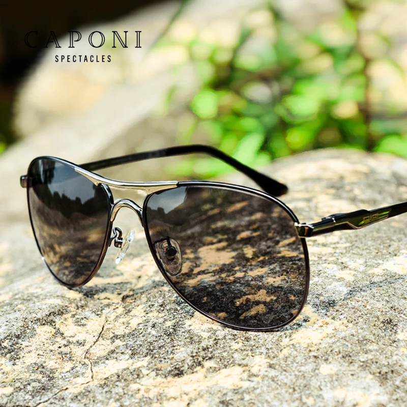 

CAPONI Hot Sale Fashion Polit Mens Sunglasses Photochrimic Polarized Lens UV400 Custom Logo Ready Stock Metal Frame Sun Glasses, Grey sliver / gun / gold