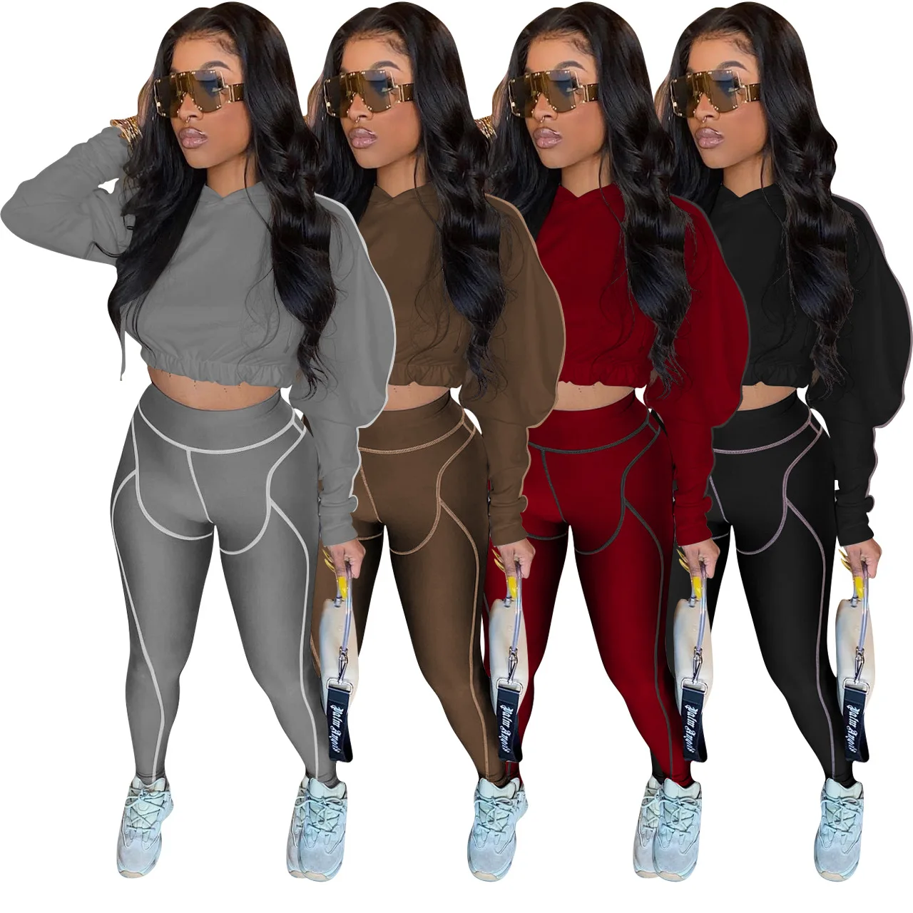 

leisure 2021 fall ladies hoodie solid color o-neck Long sleeve tight 2 two piece pant set outfit Tracksuit for women clothing