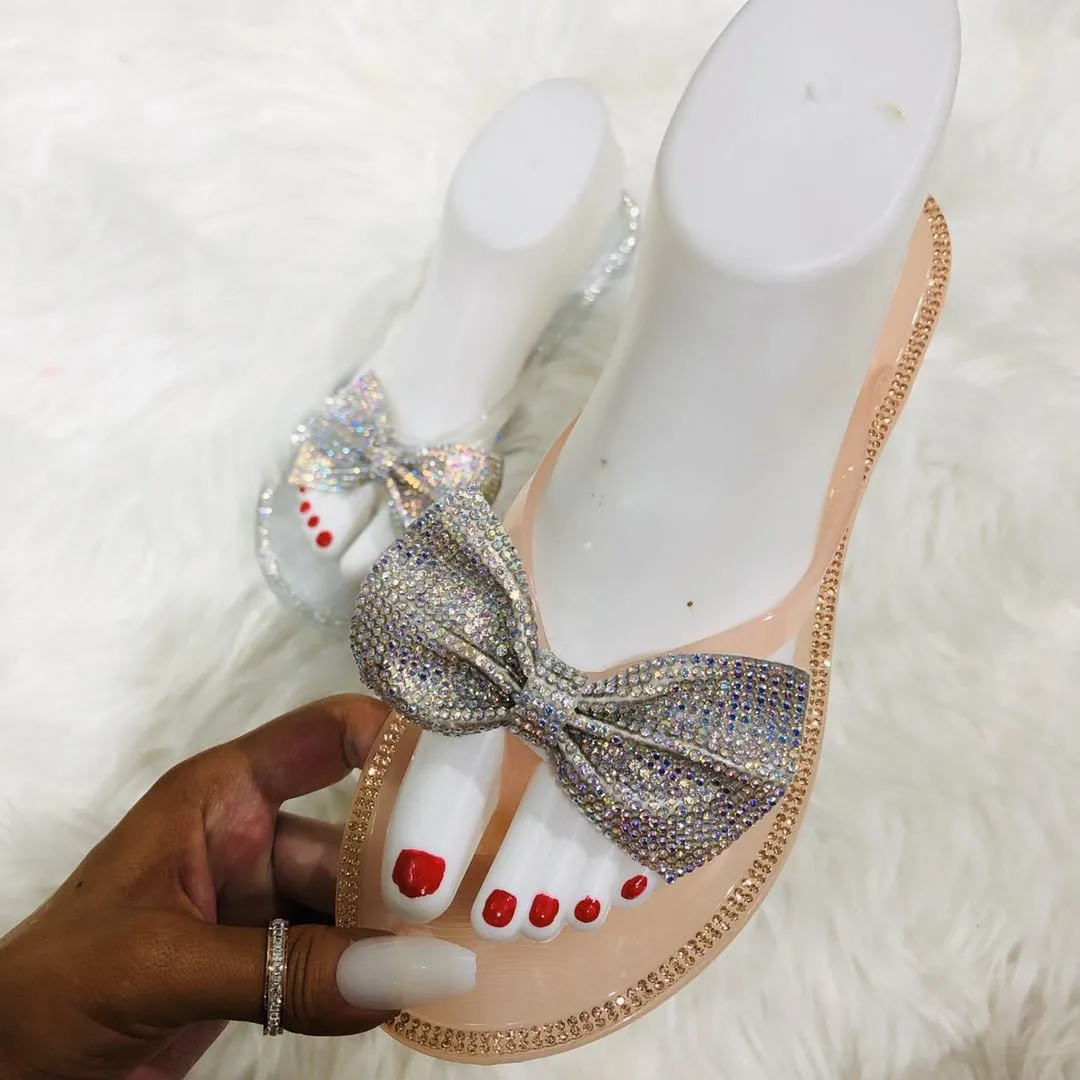 

Wholesale Fashion PVC Slippers crystal Jelly sandals rhinestone flat bow Flip Flops Women, Black,khaki,pink,clear