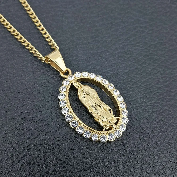 

18K Gold Plated Stainless Steel European Religious Jewelry Virgin Mary Necklace Pave Crystal Stainless Steel Pendant Necklace