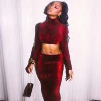 

R10411S Women's new long sleeves short round neck blouse bag hip skirt set