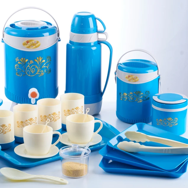 

Family Kitchen Food Container Set Plastic Jug Water Cups and SS Food Warmer Bowl, Blue