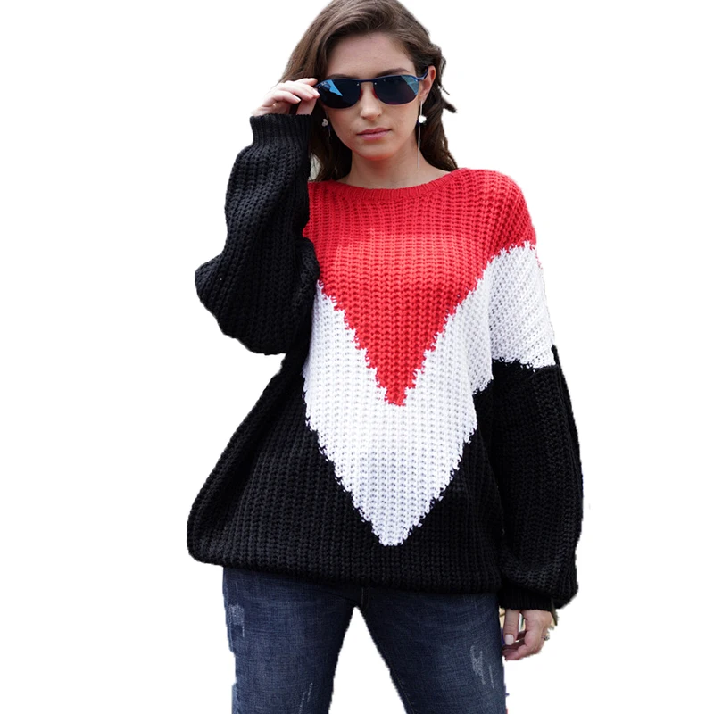

2021 autumn winter new hot selling loose plus size Splicing striped sweater casual long sleeve 0 neck sweater women