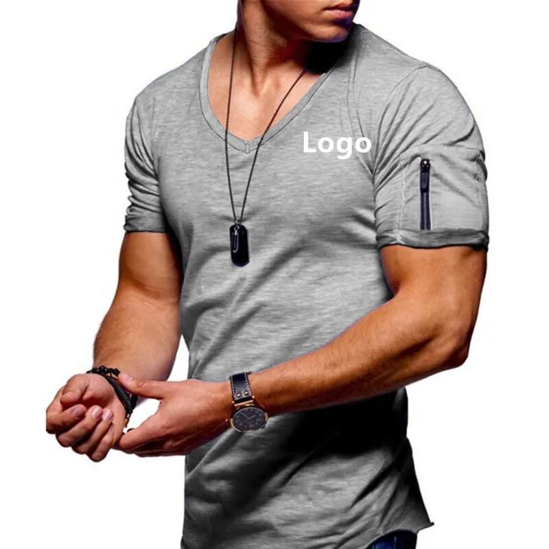 

Custom oversize popular men V neck t shirts men side zipper stretch plus size men's t-shirts custom printing blank, As picture or customized make
