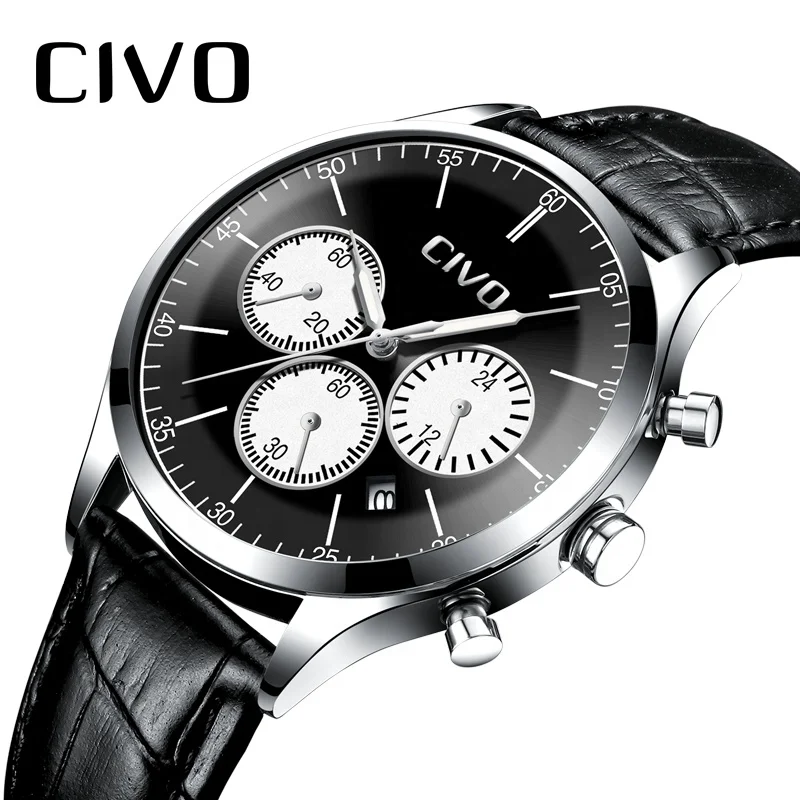 

CIVO 2020 high quality custom logo quartz watch with genuine leather date display analog chronograph men's watch Reloj de dama
