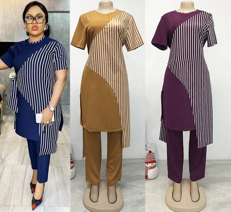 

2021 Cyalaa New Spring African Plus Size Women Two-piece Round Neck Striped And Receiving Waist Suit