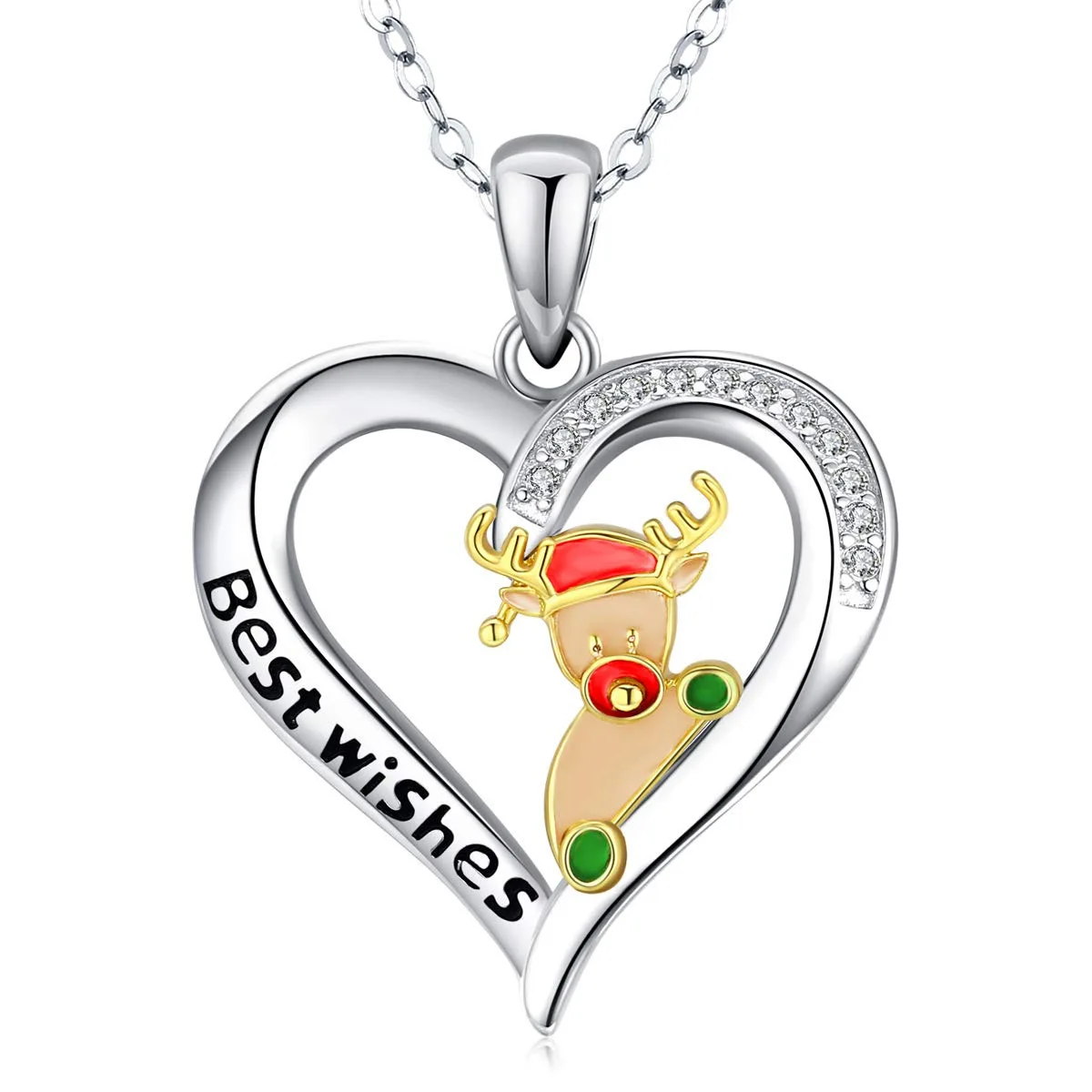 

2021 925 Silver Plated Letter Best Wishes Crystal Heart Pendant Necklace Christmas Reindeer Heart Necklace for women gifts