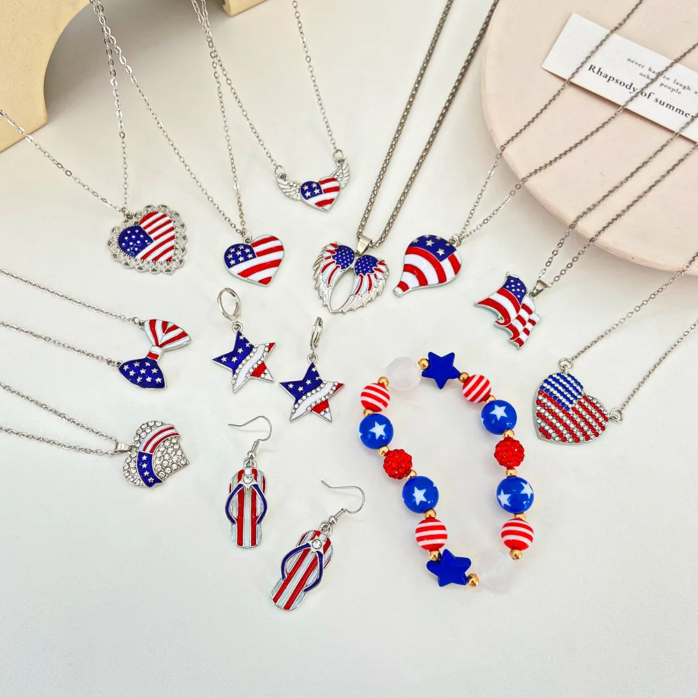 

American Independence Day women necklace earrings bracelets set Fashion Diamond Wings Heart Pendant Clavicle Chain fine jewelry