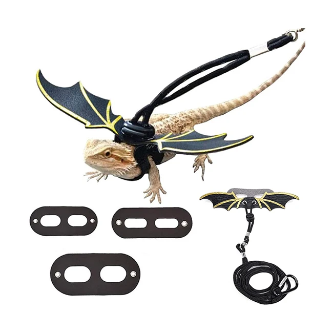 

3 Pack Adjustable Lizard Leash Bearded Dragon Harness Cool Leather Wings Safety Walking Leash, Gold,silver