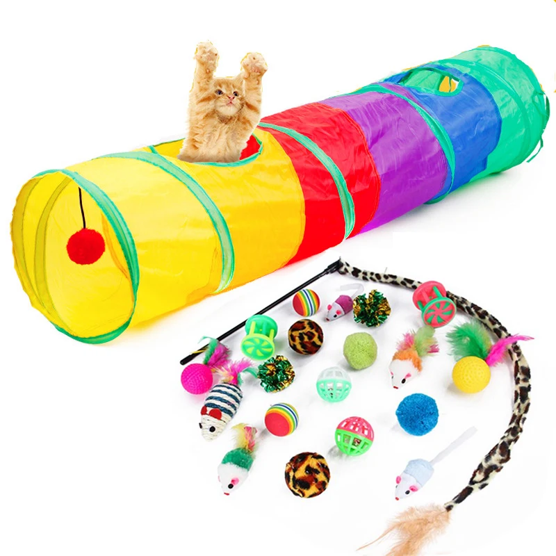 

21pcs Collapsible Cat Tunnel Toys Kit Cat Teaser Feather Wand 2 Holes Play Tubes Sisal Ball Cat Tunnel