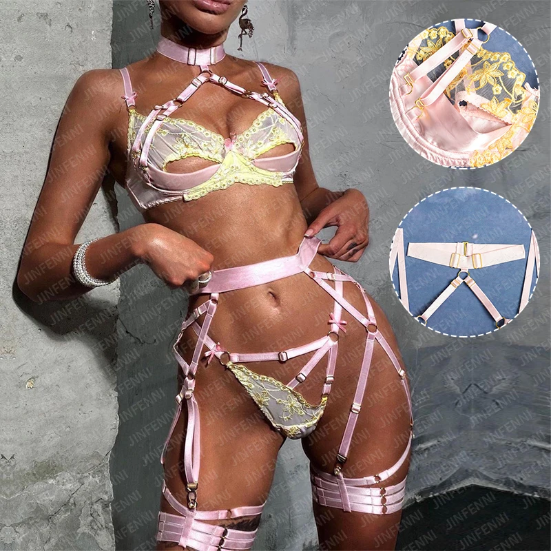 

Dropshipping Sex Sexy Seductive Mature Femmes Harness Hollowed Out Lingerie Xl Lace Embroidered Cut-Out Lingerie Set With Garter, Pink