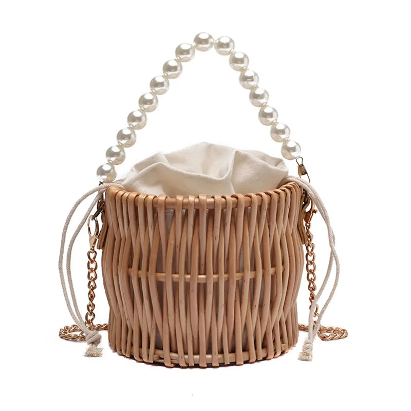 

Round Woven Straw Bags for Women Summer Pearl Chain Handmade Rattan Beach Handbag Travel Bohemia Female Shoulder Crossbody Bag