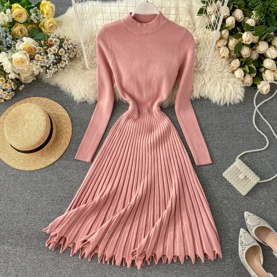 

Korean Ins Hot Sales Women Knitted Long Sleeve A Line Dress