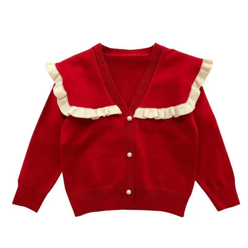 

girls knitted sweater red turn down neck kids red cardigan sweater for autumn and winter