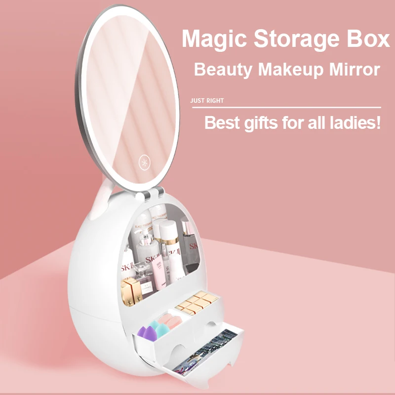 

Beauty Makeup Mirror Storage Box Multifunction Women Beauty Makeup Cosmetics Storage Box With Mirror, Blue;black;pink