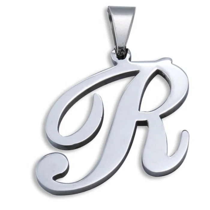 

Classic style men women English initial letter style steel color cheap wholesale stainless steel letter r pendant