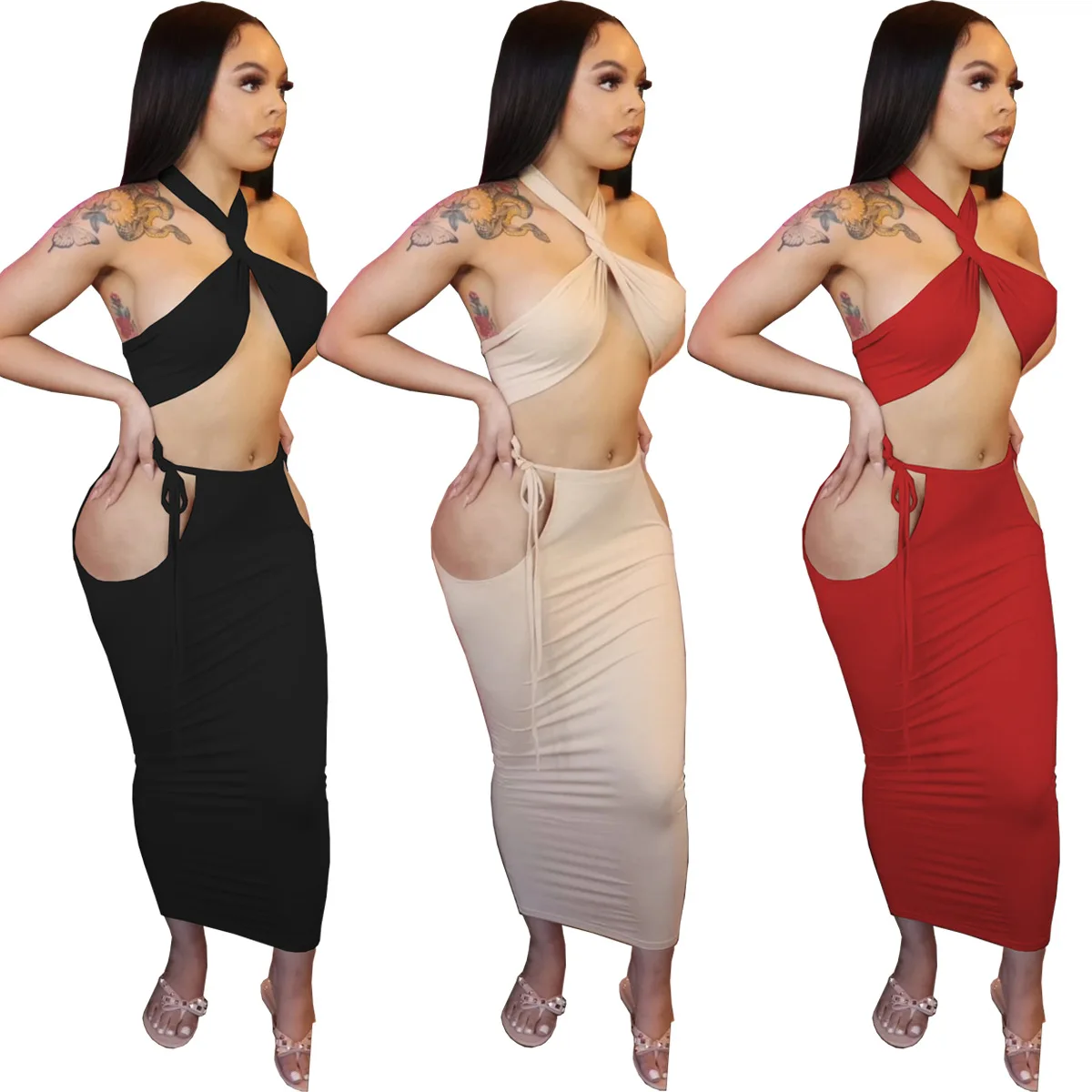 

New Women's Clothing European and American Fashion Sexy Solid Color Hollow Wrapped Chest Tie Rope Waist Long Skirt Set, Picture