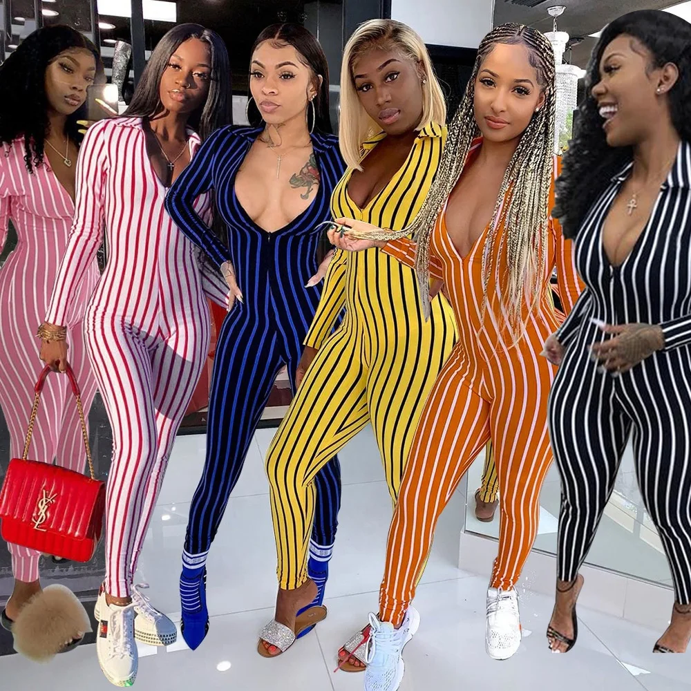 

Sexy Ladies bodycon Side Stripe front Zipper style open chest Long sleeve women jumpsuit dropshipping