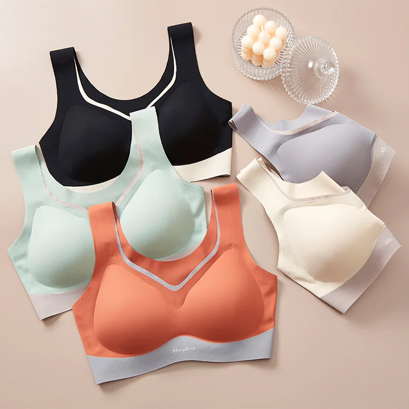 

Wholesale Logo Custom Sleeping 6 Colors Comfortable Contrast Color Latex Traceless Vest Style Bra for Women