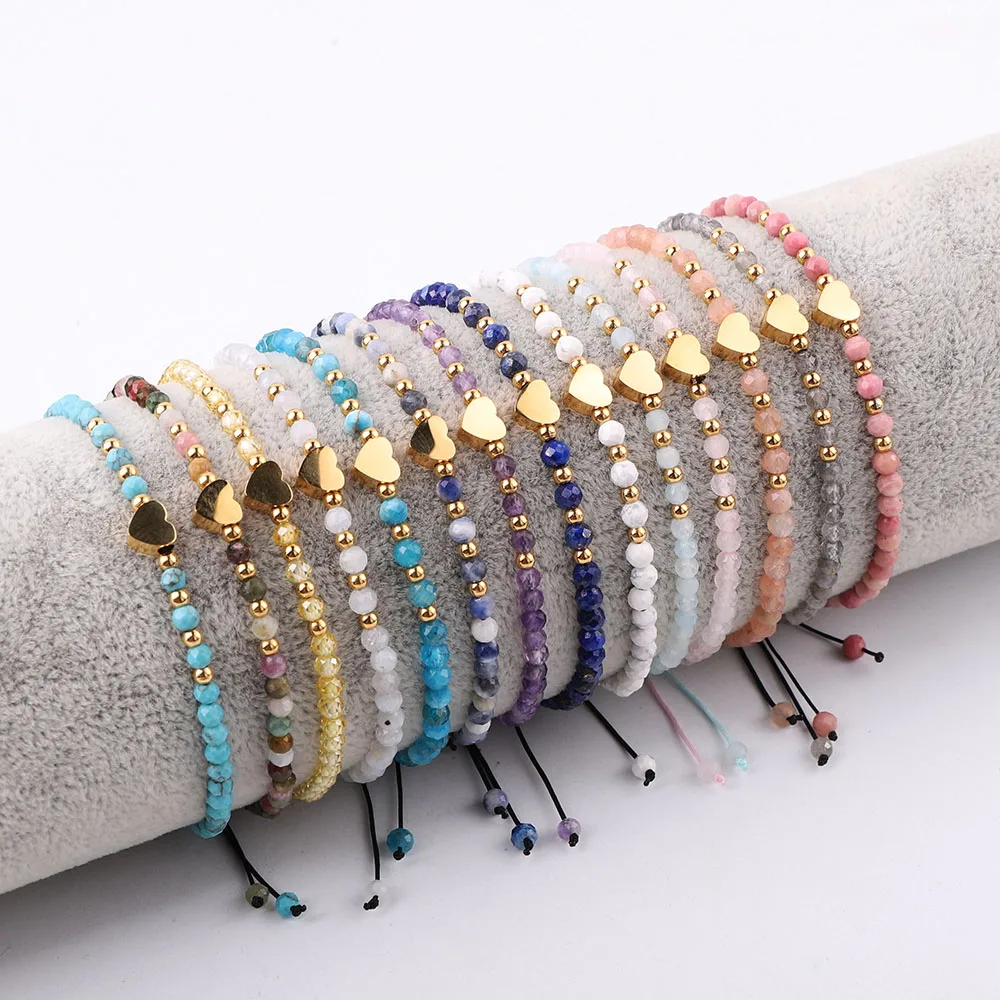 

New Design 3mm Faceted Gemstone Jewelry Stainless Steel Beads Heart Charm Macrame Adjustable Custom Bracelet For Women