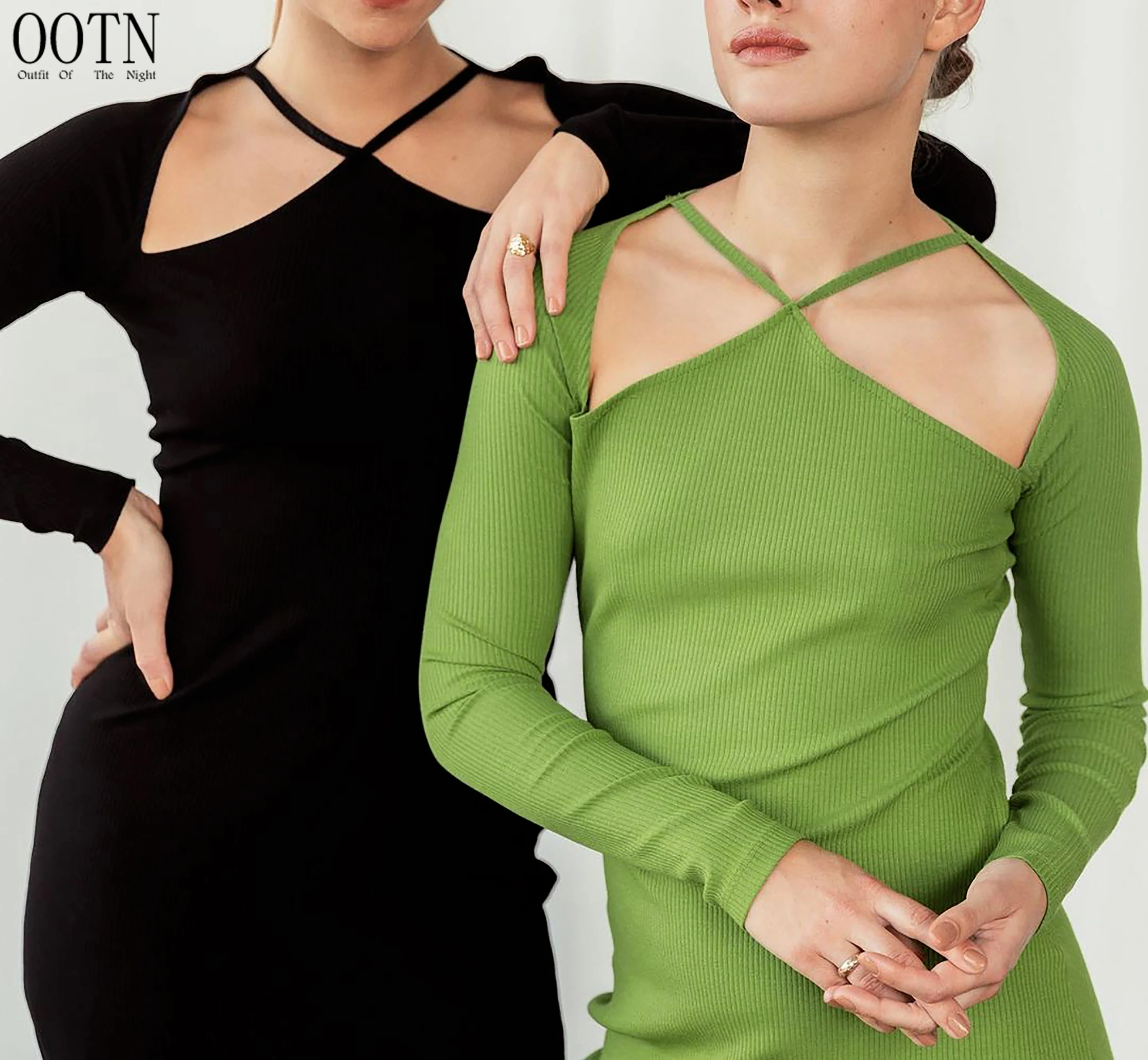 

OOTN Dress for Women Elegant Hollow Out Long Sleeve Sexy Dresses Clothes Fashion Outfits 2021 Spring Knitted Midi Dress