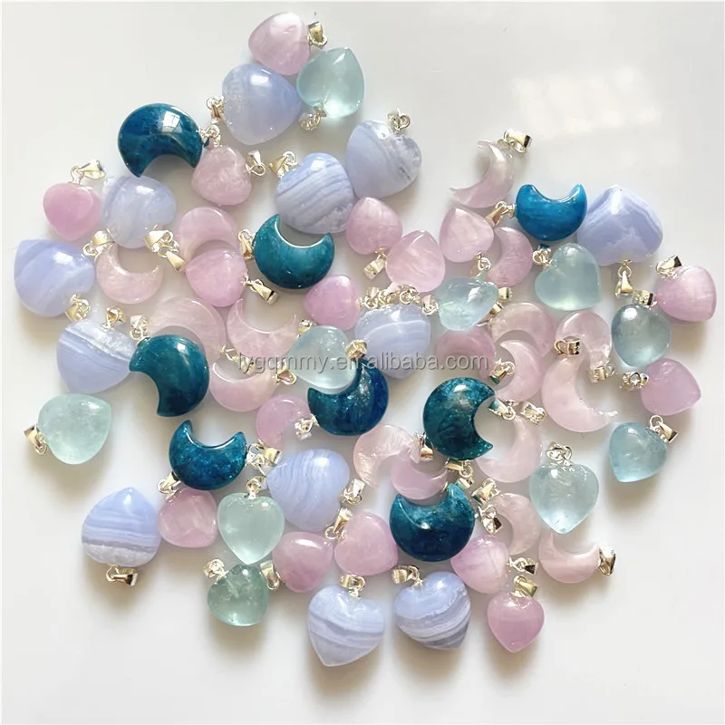 

Natural 925sliver Blue Lace Agate Apatite Aquamarine Kunzite Crystal Moon Heart Pendants