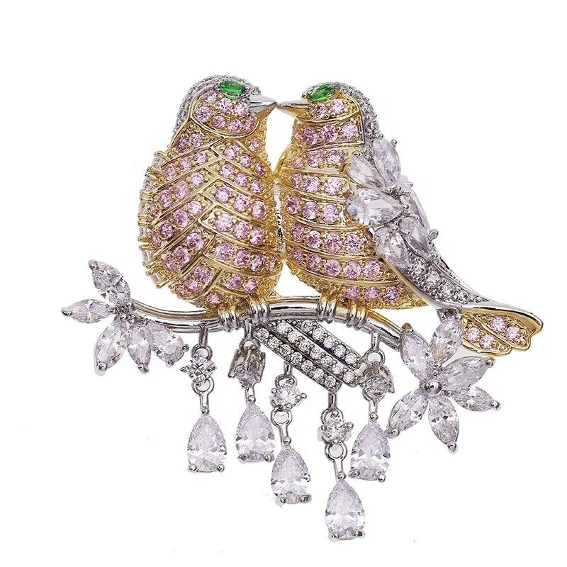 

XILIANGFEIZI Korean Fashion Lapel Luxury Women Suit Accessories Cute Animal Zircon Crystal Pin Bird Brooches, Pink yellow ,gold