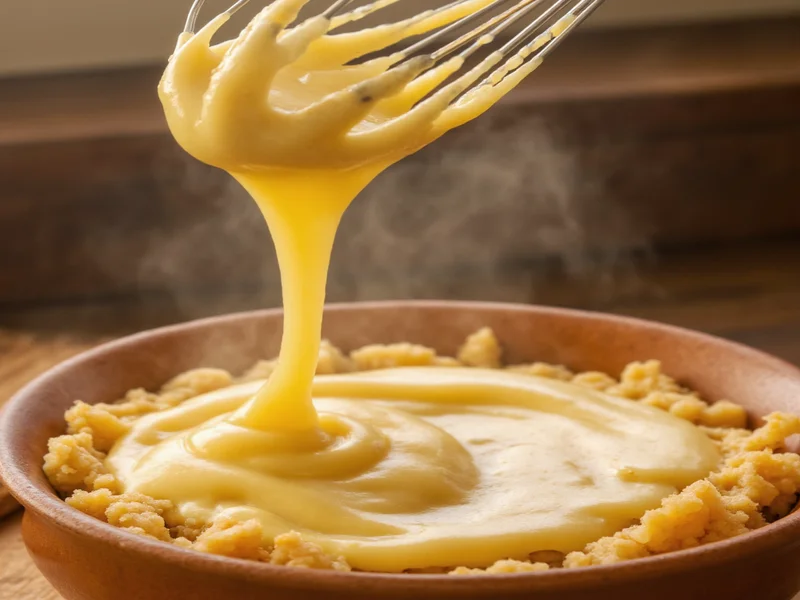 Whisking cheese sauce off-heat to prevent graininess