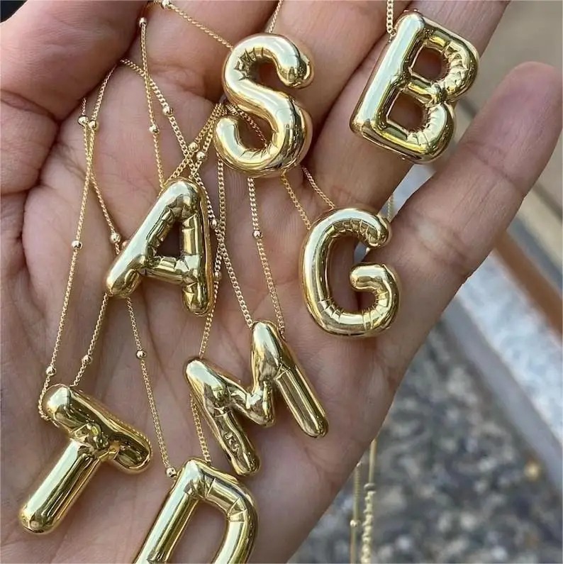 

Custom Gold Plated Chunky Bubble Alphabet Letter Necklace Personalized Balloon Initial Letter Pendant Necklace For Women Gift