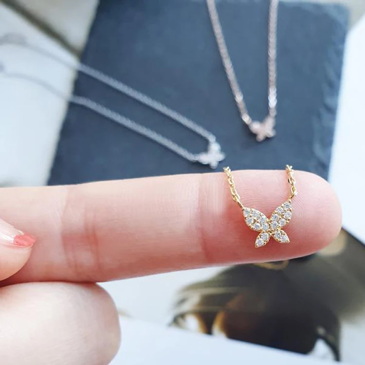 

Tiny 925 sterling silver jewellery gold plated CZ butterfly pendant necklace