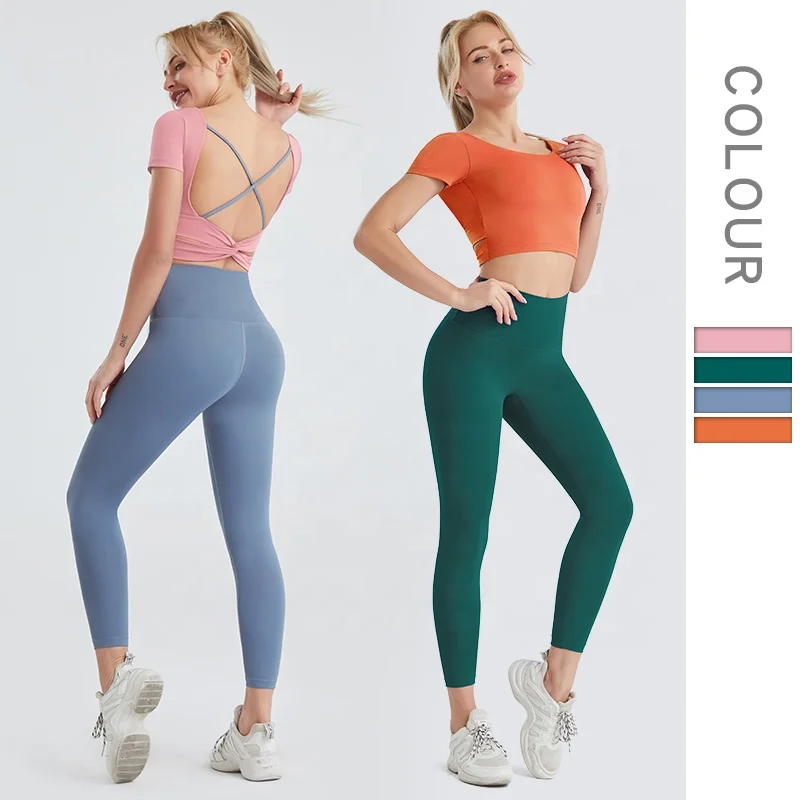 

Ladymate ODM/OEM traje de damas women's Yoga Set Fitness Short Sleeve Crop Top High Waist Leggings Workout woman's yoga suits, Pink+blue,orange+green