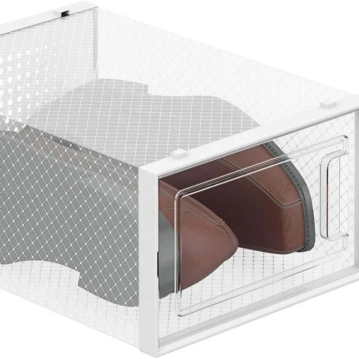 

Hot Selling on Amazon Clear Stackable Shoe Box Drop Front Foldable Clear Sneaker Display Shoe Box, Customized color