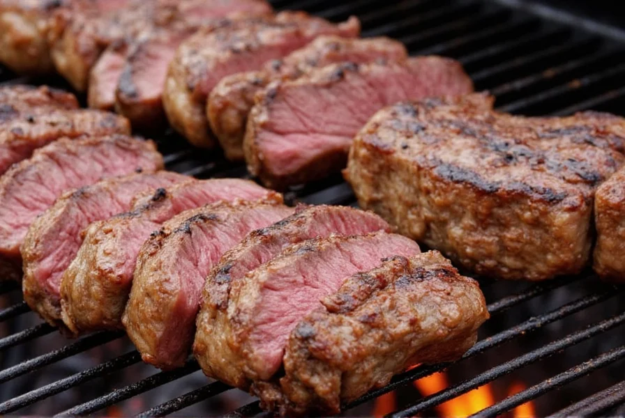 Brazilian churrasco with skewered steaks grilling on an open flame