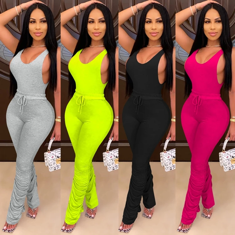 

2020 summer fashion solid color casual sexy pleated vest women tights two piece set