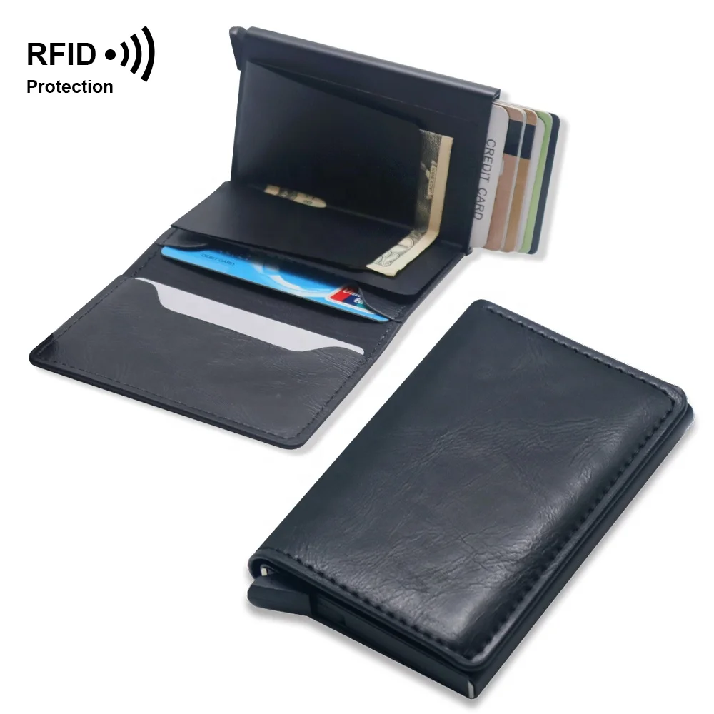 

Minimalist Ultra Slim Front Pocket RFID Blocking PU Leather Aluminum Money Clip Pop Wallet Pop up Card Holder