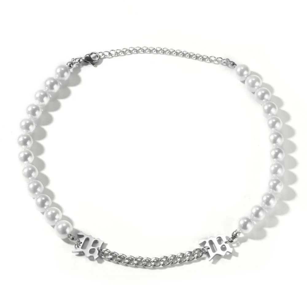 

Vintage Women Elegant 10mm Big Pearl Chain Choker Stainless Steel Initial Necklace