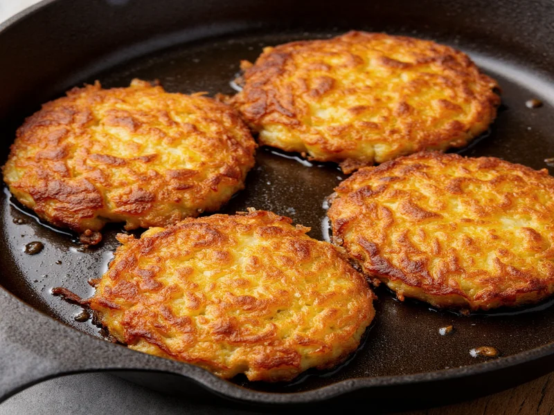 Crispy golden hash browns sizzling in cast iron skillet