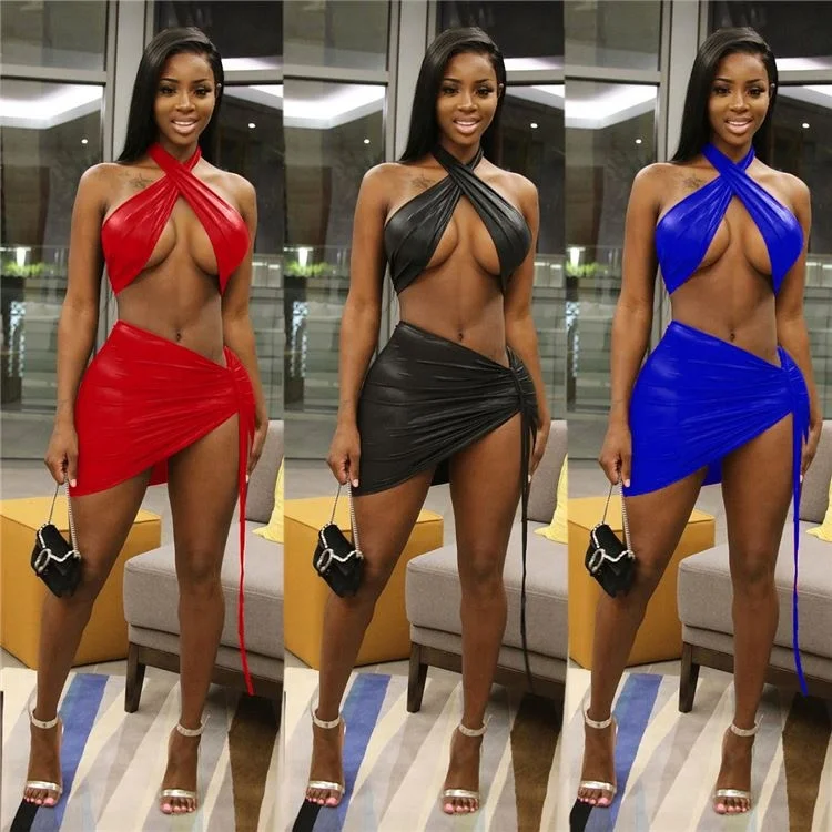 

Fashion Sexy 2 PCS Outfits PU Leather Chest Wrap Top Skirt Club Wear Summer For Women, Picture shown